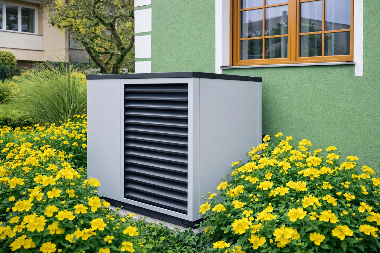 Wärmepumpe vor einem Haus · Fischer und Sokrates GmbH